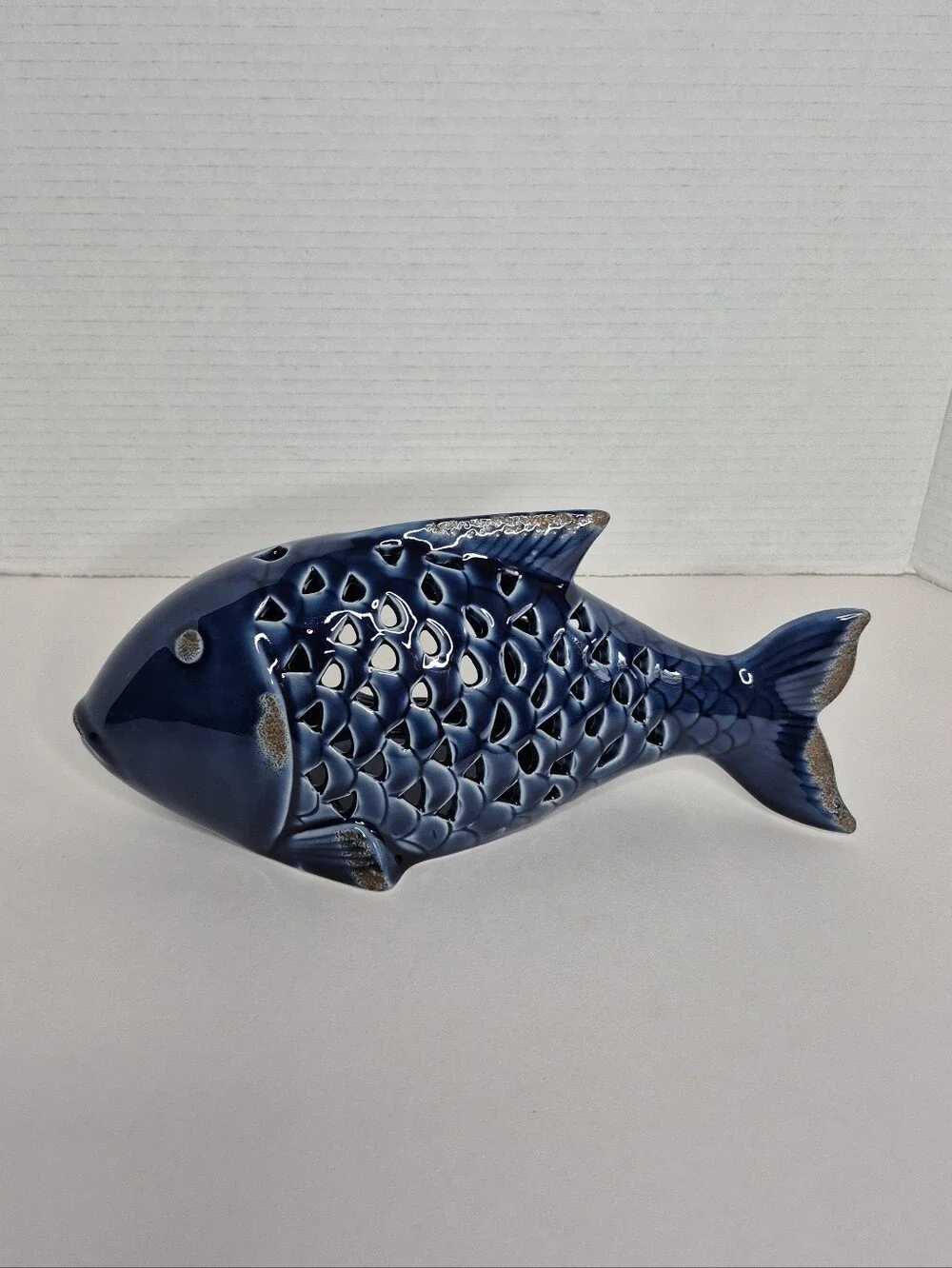 Pier 1 Vintage Cobalt Blue Ceramic Large Fish Tealight Candleholder NWT Rare